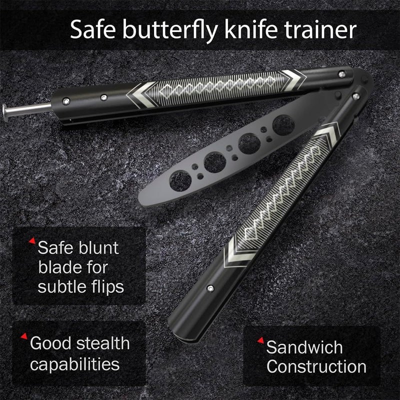GOOD WORKER Butterfly Trainer - Practice Balisong Butterfly Knives NOT Real NOT Sharp Blade - Cool Design - Black Dull Trick Butterfly - Butter Fly Training - Fathers Day Dad Gift K14B - Image 3